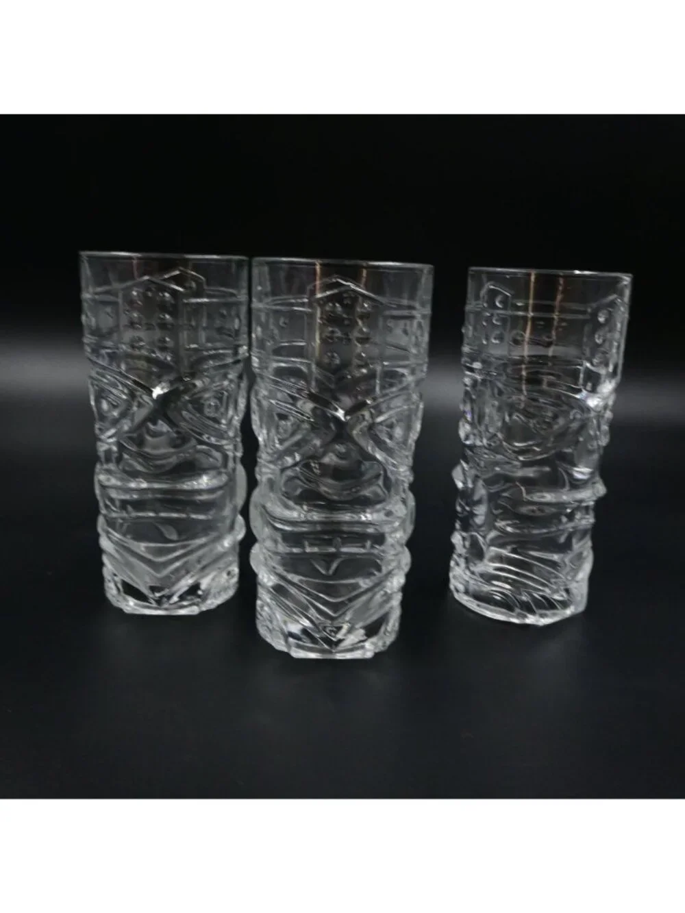 Forum Tiki Face Tumbler Glasses Set of 3 Clear Hawaiian Totem Barware Highball